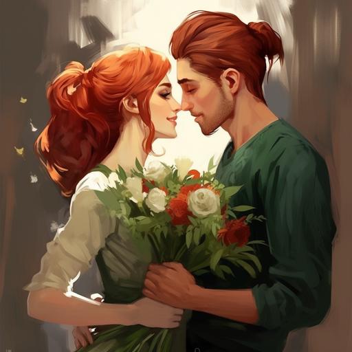 green colors, red hair, happy couple, bouquet