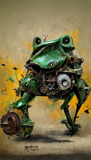 green frog fighting all the time, battle mech, hearthstone, made with hydraulic parts, old car parts, digital painting, brown-black-armor, stainless-steel-exoskeleton, simple design --q 2 --ar 9:16 --s 6000 --v 3