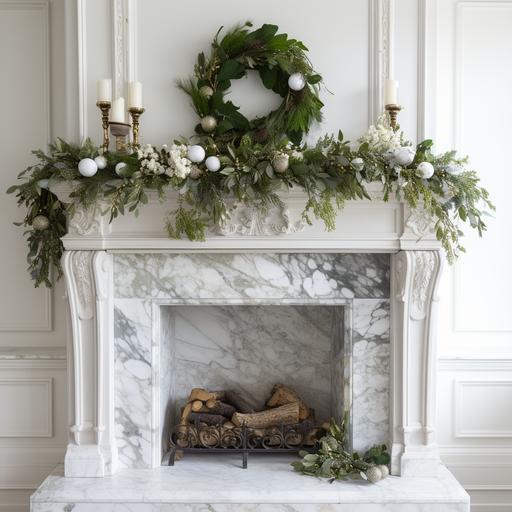 green garland draped over a white marble fireplace mantel with holiday florals, ferry lights