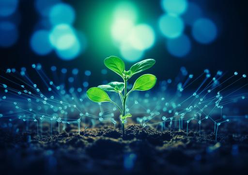green little plant coming out of the global business network, Data analysis of financial and banking, Stock, AI, Technology and data connection, Security, Blockchain and Networking, Business strategy. --ar 7:5