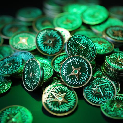 green metal coins from OZ with abstract symbols and sparkle --v 5.2