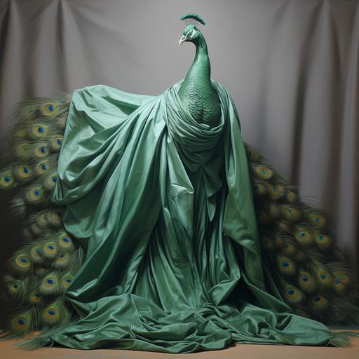 green peacock wrapped in sheets hyperrealistic