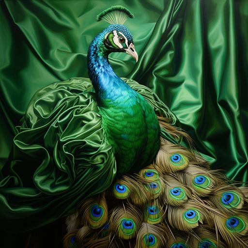 green peacock wrapped in sheets hyperrealistic