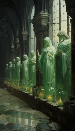 green renaissance interior architecture hall filled with chalices cups and vases, treasury, green fog, eerie cinematic lighting, vrubel, klimt, edmund blair leighton, adolphe bouguereau, oil painting, renaissance style, impressionist --ar 8:14 --q 2 --s 250