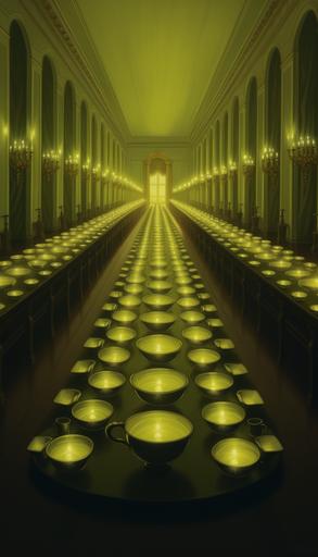 green renaissance interior architecture hall filled with chalices cups and vases, treasury, green fog, eerie cinematic lighting, vrubel, klimt, edmund blair leighton, adolphe bouguereau, oil painting, renaissance style, impressionist --ar 8:14 --weird 200 --q 2 --s 250