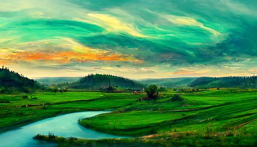 green valley with tie dye sky, day, calm, painting, water colors, 4k, --ar 16:9