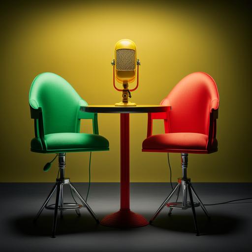 green yellow and red colored beautiful mic on the table between two luxury chairs in beautiful studios