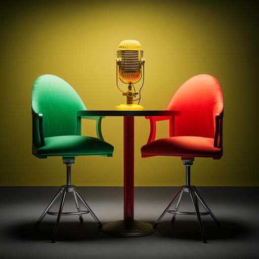 green yellow and red colored beautiful mic on the table between two luxury chairs in beautiful studios