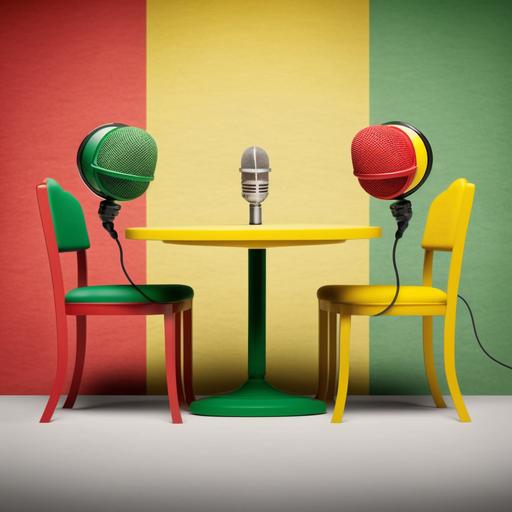 green yellow and red colored mic on the table between two chairs with   between two