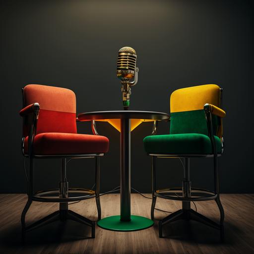 green yellow and red colored mic on the table between two luxury chairs with bold plus sign