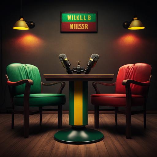 green yellow and red colored mic on the table between two luxury chairs with bold plus sign
