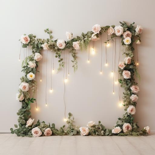 greenery garland hanging horizontally across a white wall with white, beige and pale pink roses, twinkle lights, white floor, empty room, photorealistic, no background ar 5:7