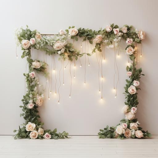 greenery garland hanging horizontally across a white wall with white, beige and pale pink roses, twinkle lights, white floor, empty room, photorealistic, no background ar 5:7