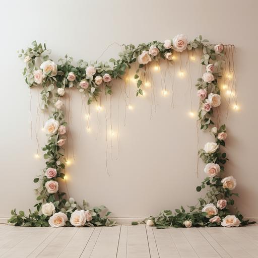 greenery garland hanging horizontally across a white wall with white, beige and pale pink roses, twinkle lights, white floor, empty room, photorealistic, no background ar 5:7