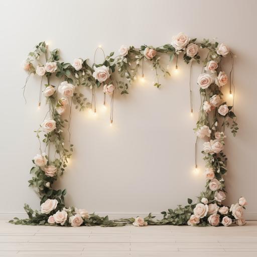 greenery garland hanging horizontally across a white wall with white, beige and pale pink roses, twinkle lights, white floor, empty room, photorealistic, no background ar 5:7