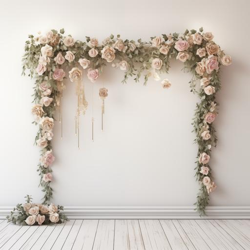 greenery garland hanging horizontally across a white wall with white, beige and pale pink roses, twinkle lights, white floor, empty room, photorealistic, no background ar 5:7