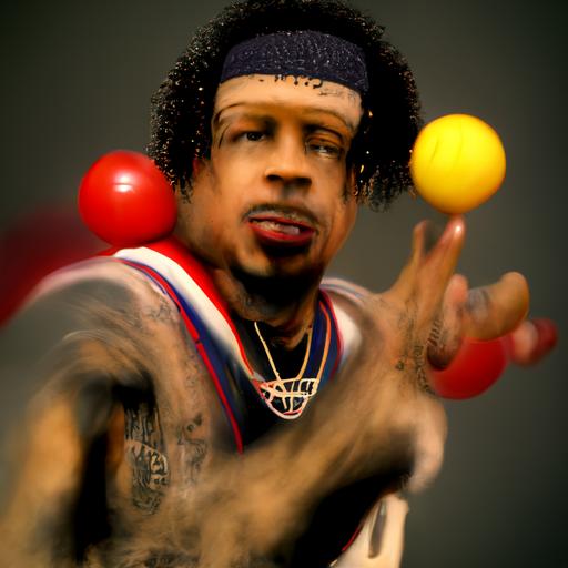 photo of Allen Iverson with a afro, necklace around his neck, spinning a basketball on his finger, high res, octane render