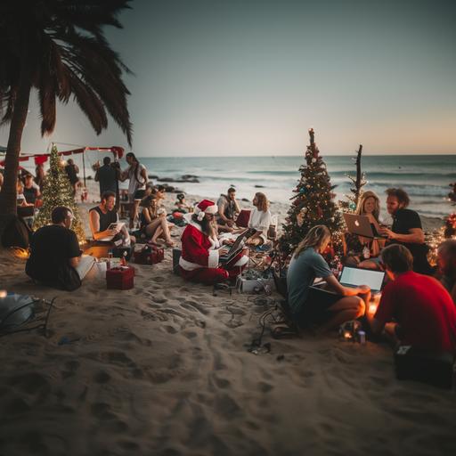 people celebrating christmas at the beach with a wild rager party, one person sitting quiet in the middle working on their laptop and concrentrating