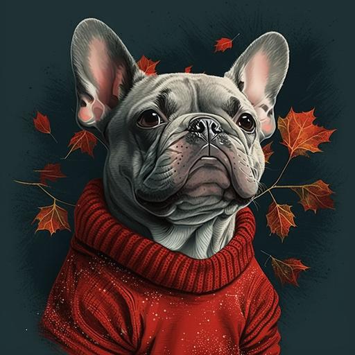 grey French bulldog, sweater, autumn, warm, red,orange, happy, love