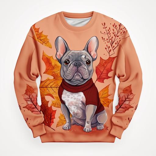 grey French bulldog, sweater, autumn, warm, red,orange, happy, love