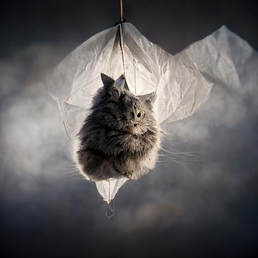 grey Siberian cat in a parachute photorealistic cinematic lighting