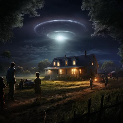 grey aliens abducting a sleeping family from their home at night, alien spaceship hovering above a farmhouse, starry sky, extremely detailed, photorealistic, --v 5.2