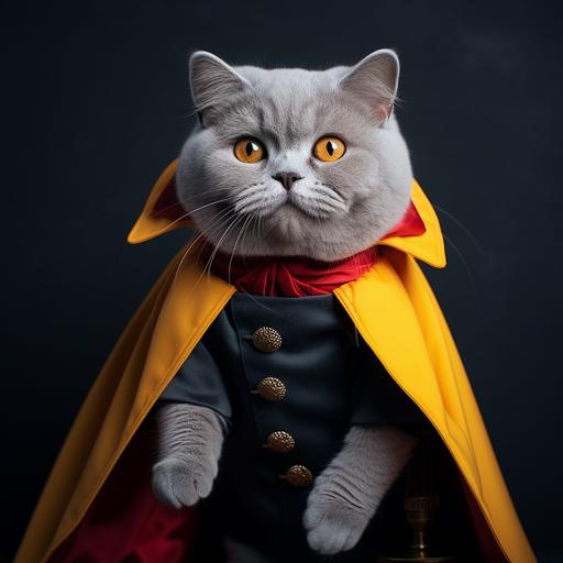grey chunky british shorthair cat with yellow big eyes in dracula costume, halloween themed