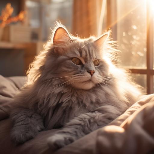 grey fluffy cat, chill in cozy bed, sunshine, warm, quite, realistic photo