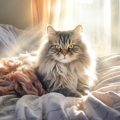 grey fluffy cat, chill in cozy bed, sunshine, warm, quite, realistic photo