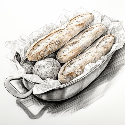 grey pencil sketch of a fresh baquette hot out the oven