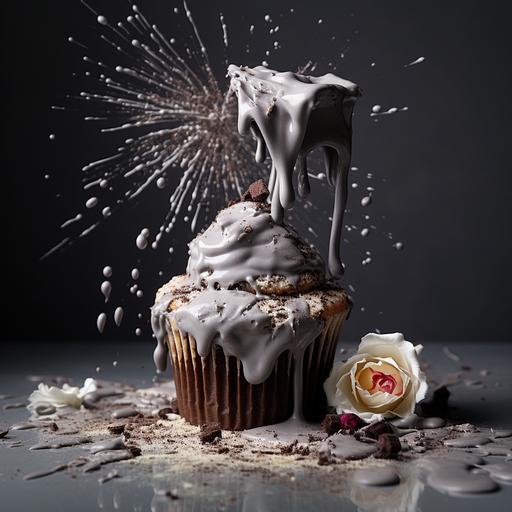 grey scal picture of a beautiful cupcake and a duplicate of that cup cake but where someone was horrible at recreating it and it is smashed and broken up