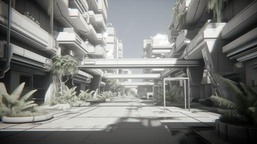 greyscale 1990s atrium inspired village of apartment buildings and a single green gas station, unreal engine, greyscale, hyper-realistic, 8k, --ar 16:9