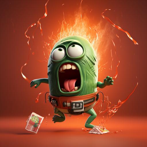 a funny illustration of a cute baby chamoy pickle character wearing exploding disposable pampers with baby pin. It is a crazy screaming baby. Punk style pixar style with vintage photograph