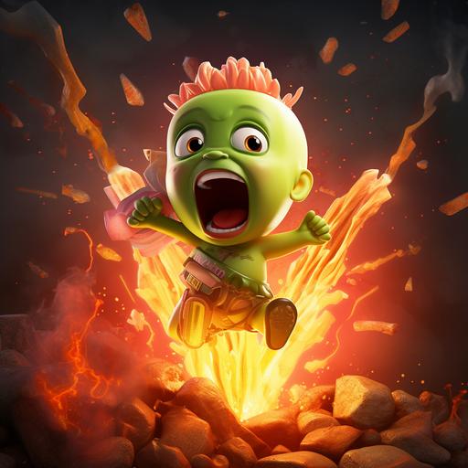 a funny illustration of a cute baby female chamoy pickle character wearing exploding disposable pampers with baby pin. It is a crazy screaming baby. Punk style pixar style with vintage photograph