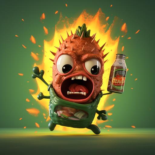 a funny illustration of a cute female chamoy pickle character wearing exploding disposable pampers with baby pin. It is a crazy screaming. Punk style, pixar style, shot like a vintage photograph