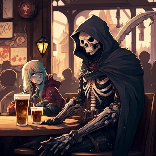 grim reaper, animated, cartoon, sitting at a bar with an anime girl