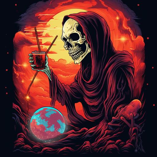 grim reaper drining tiki drink out of a skull with a bendy straw and the planet earth on fire in the background