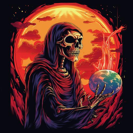 grim reaper drining tiki drink out of a skull with a bendy straw and the planet earth on fire in the background