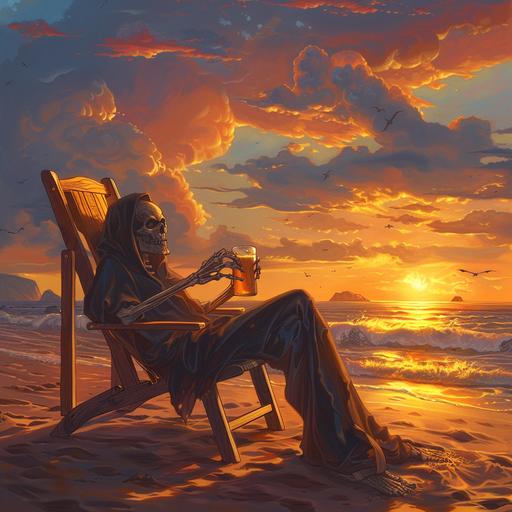 grim reaper relaxing in a beach chair, holding a mug of beer, golden sunset, beautiful clouds