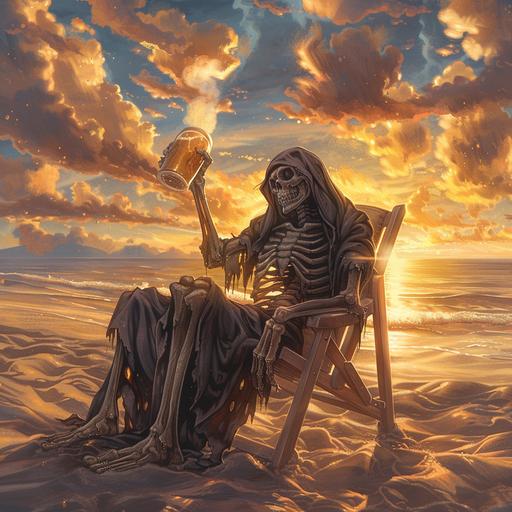 grim reaper relaxing in a beach chair, holding a mug of beer, golden sunset, beautiful clouds