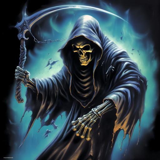 grim reaper scythe, side view, dynamic angle, in the style of airbrush art, intense movement expression, animated gifs, ps2 graphics, vhs, hard edge painting, heavy metal style influence, 4k ultra hd, with style influence of  in the style of