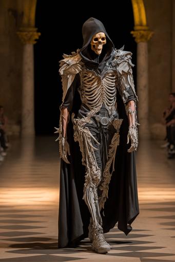 grim reaper summer outfit catwalk fashion show at the Milan fashion week, ultra sharp photography, full body visible, highly detailed fabric, --ar 2:3