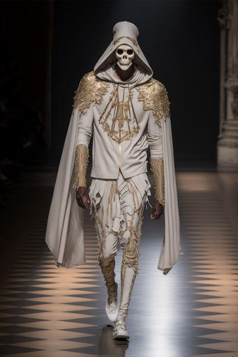 grim reaper summer outfit catwalk fashion show at the Milan fashion week, ultra sharp photography, full body visible, highly detailed fabric, --ar 2:3