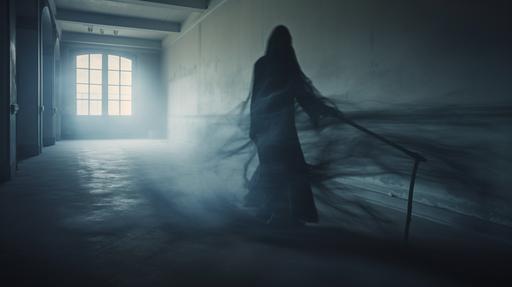 grim reaper with a scythe in hand, in a corridor from alcatraz, decayed, dusty, foggy, dense atmosphere, multiple exposure, time-lapse motion blur, aproaching --ar 16:9 --v 5.2
