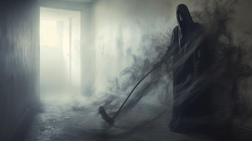 grim reaper with a scythe in hand, in a corridor from alcatraz, blink-and-you-miss-it detail, decayed, dusty, foggy, dense atmosphere, multiple exposure, time-lapse motion blur, aproaching --ar 16:9