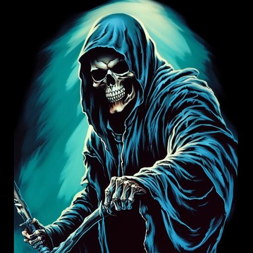 grim reaper with a skull face holding a scythe, side view, dynamic angle, in the style of airbrush art, ntense movement expression, animated gifs, ps2 graphics, vhs, fantastic grotesque, hard edge painting, heavy metal style influence, 4k ultra hd, with style influence of