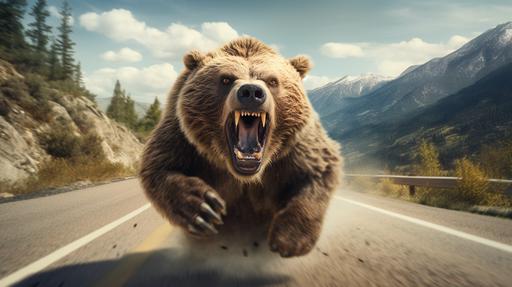 grinning live bear runs along the road in the mountains, make it more USA patriotic, ultrarealistic, detailed, airbrush style, RTX, shot on Sony 7R, --ar 16:9