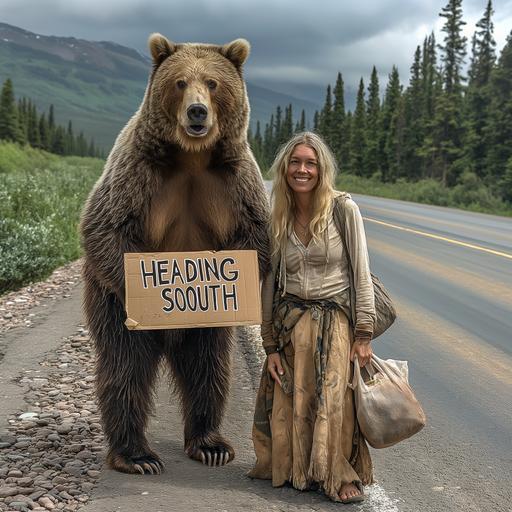 grizzly bear standing on the side of the road holding a sign that says 