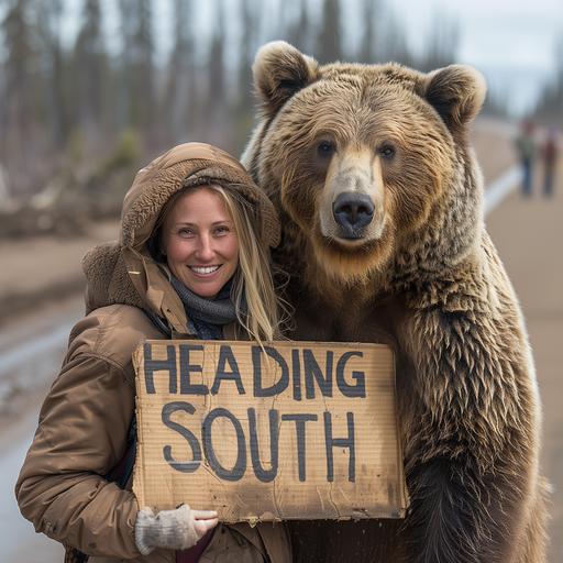 grizzly bear standing on the side of the road holding a sign that says 