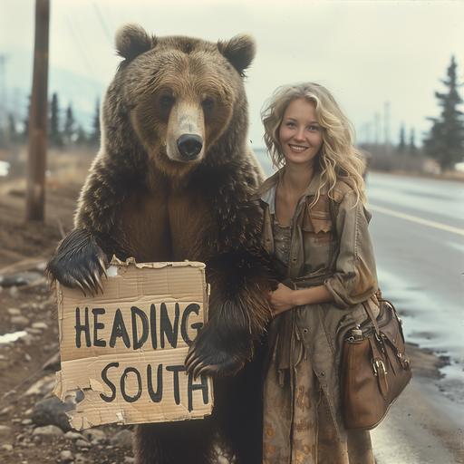 grizzly bear standing on the side of the road. the bear is holding a sign that says 